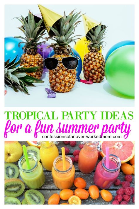 These tropical party ideas will work for any type of party whether it's a summer get together or a tropical themed birthday, graduation or anniversary. Tropical Themed Graduation Party, Summer Theme Party Ideas For Adults, Tropical Theme 40th Birthday Party, End Of The Year Luau Classroom Party, Color Theme Party Ideas For Adults, 40th Birthday Tropical Theme, Hawaii 5-0 50th Birthday Party, Inexpensive Birthday Party Ideas, Summer Kids Party