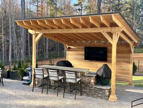 12x16 Lean To Pavilion, Outdoor Lean To Patio Ideas, Patio Lean To Ideas, Lean To Outdoor Kitchen Patio, Pool Lean To, Gazebo With Back Wall, Lean To Pergola Ideas, Pergola Attached To Shed, Metal Roof Lean To