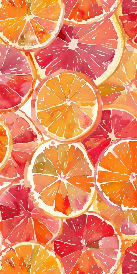 Summer Cell Phone Wallpaper, Wallpaper With Oranges, Watercolor Fruit Wallpaper, Pop Art Phone Wallpaper, Summer Retro Aesthetic, Summer Fall Wallpaper, Illustrated Phone Wallpaper, Fall Watercolor Background, Fun Bright Wallpaper