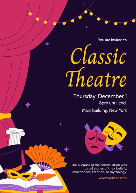 Theater Invitation Card, Theatre Invitation Design, Drama Background Design, Poster For Theater, Theater Play Poster Design, Play Posters Theatres, Royal Poster Design, Kids Play Stage, Theatre Marketing