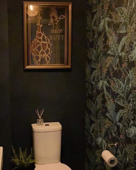 Green And Gold Toilet, Dark Wc Ideas, Under Stairs Bathroom Decor, Jungle Toilet Design, Understairs Toilet Decor Ideas, Moody Water Closet, Funky Downstairs Toilet, Funky Downstairs Toilet Ideas, Dark Toilet Room