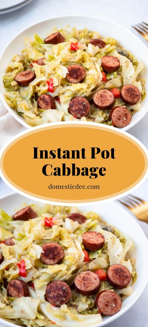 Instant Pot Cabbage in a bowl. Instapot Sausage And Cabbage, Instant Pot Recipes With Cabbage, How To Cook Cabbage In Instant Pot, Cabbage And Sausage Instant Pot, Instapot Cabbage Sausage And Potatoes, Cook Cabbage In Instant Pot, Pressure Cooker Cabbage Recipes, Steamed Cabbage Instant Pot, Instapot Cabbage Recipes