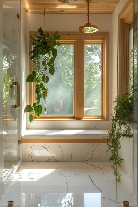 Serene Natural Light Bathroom • This bright bathroom embraces natural light with large windows framed by warm wood. • Hanging plants add a touch of greenery, creating a fresh and inviting atmosphere. • The elegant white and gold marble surfaces bring a touch of luxury to the space. • A rainfall showerhead and minimalist fixtures add to the modern, clean design. • Perfect for relaxing in a serene, nature-inspired retreat. Natural Light Bathroom, White And Gold Marble, Bathroom Marble, Window In Shower, Bright Bathroom, Greenery Decor, Serene Nature, Frosted Windows, Stunning Bathrooms