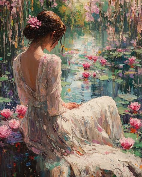 Have a Beautiful Tuesday~ https://surrealismbykia.carrd.co/ #impressionistart #opentowork #opentoworklinkedin #summersale Ronecance Painting, Womans Back Painting, Beautiful Paintings Aesthetic, Rennaisance Paintings Art, Pretty Woman Aesthetic, Aesthetic Art Paintings, Feminine Paintings, Artsy Girl Aesthetic, Women In Garden