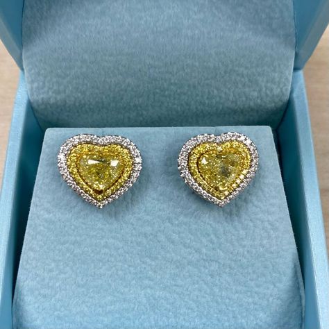 2.70CT GIA Certified Fancy Yellow Heart Diamond Stud Earrings, Heart Shaped Studs 18k White Gold, Halo Stud Earrings, Screw Back Closure Diamonds Earrings, Halo Stud Earrings, Earrings Heart, Yellow Heart, Colorless Diamond, Halo Earrings Studs, Heart Diamond, Double Halo, Gold Halo