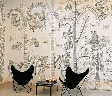 Photo from Indian Contemporary via Jane Antonacci Interior Design Indian Wall Art, Interior Murals, India Inspired, Indian Interiors, Indian Home Interior, Traditional Wall Art, Traditional Interior Design, Madhubani Art, Indian Folk Art