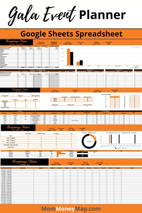 gala event planner Gala Planning Timeline, Google Sheets Planners, Small Event Space Design, Gala Planning, Spreadsheet Design, Party Timeline, Wedding Planner Checklist, Event Budget, Event Planning Template