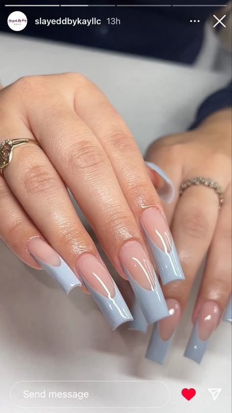 Squared Acrylics Medium Design, Gray Blue French Tip Nails, Blue Grey French Tip Nails, Taper Square Acrylic Nails, Square Nails Light Blue, Baby Blue Stiletto Nails, Grey French Tips, Acrylic Nails Grey, Baby Blue French Tip Nails