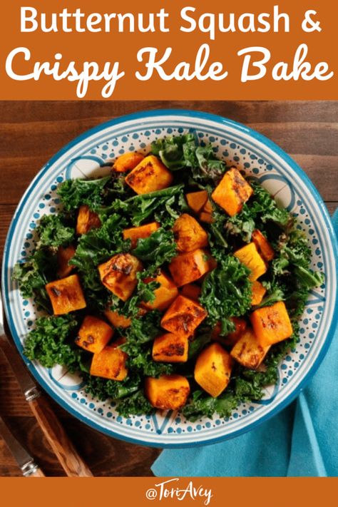 Kale Bake, Butternut Squash Kale, Crispy Kale, Baked Kale, Butternut Squash Cubes, Baked Butternut Squash, Kale Recipes, Vegan Side Dishes, Butternut Squash Recipes