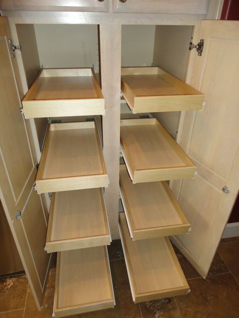 8 slide out shelves added to pantry cabinet Sliding Cabinet Shelves, Pantry Pull Out Drawers, Shelves For Kitchen Cabinets, Diy Pantry Cabinet, Pull Out Pantry Shelves, Diy Pull Out Shelves, Build Cabinets, Shelves For Kitchen, Closet Diy