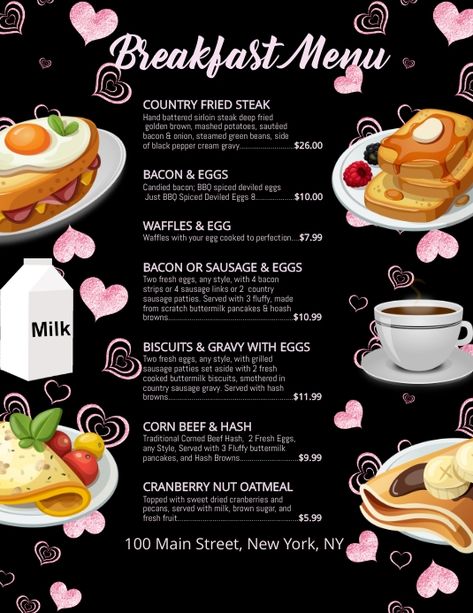 Breakfast Menu Template, Breakfast Menu Design, Milk Biscuits, Cream Gravy, Egg Waffle, Country Fried Steak, Menu Card Template, Steamed Green Beans, Sausage Patty