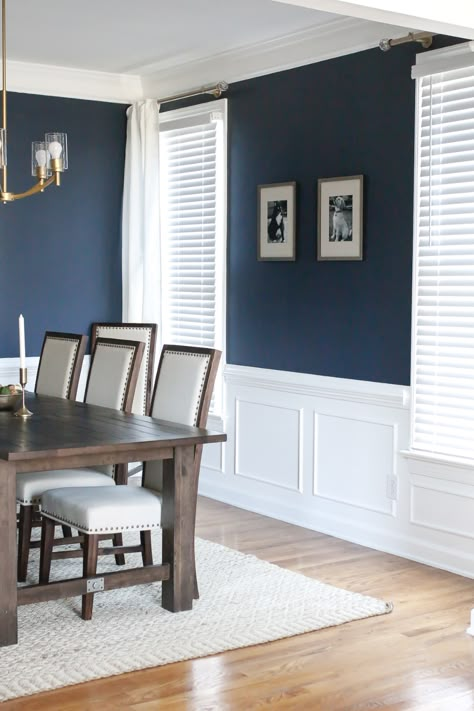 Ikea Built In Hack Study, Dark Blue Dining Room With Wainscoting, How To Paint Coffered Ceilings, Dining Room Wall Makeover, Waynescotting Dining Room, Navy And White Dining Room Ideas, Dining Room Paint Colors With White Wainscoting, Dining Room Design With Window, White Blue Dining Room