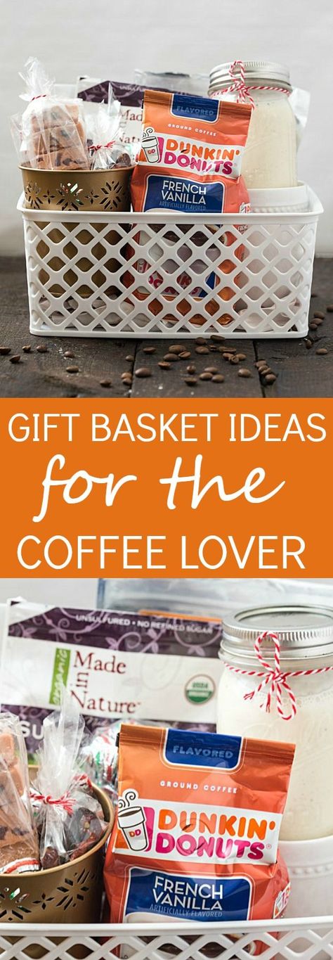 Gift Basket Ideas for the Coffee Lover - Shopping for a hard to shop for family or friend? Do they enjoy coffee? Make them an incredibly tasty gift basket for a coffee lover! #DunkinToTheRescue (ad) Coffee Cup Gift Ideas Filled, Coffee Gift Basket Ideas, Coffee Lovers Basket, Coffee Lover Gifts Basket, Coffee Basket, Auction Basket, Coffee Gift Basket, Raffle Basket, Coffee Aroma