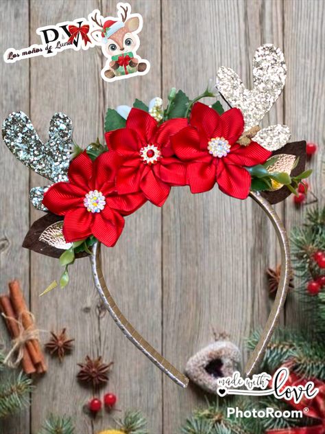 Diadema de orejas y cuernitos de reno super mona para navidad Bow Template, Hoop Wreath, Reno, Tela