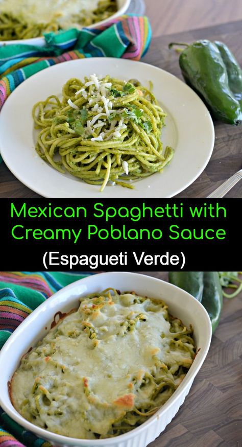 My Latina Table - Recipes, Mexican Green Spaghetti Recipe, Green Spaghetti Recipe, Mexican Pasta Recipes, Fideo Recipe, Mexican Spaghetti, Poblano Sauce, Mexican Pasta, Green Pasta