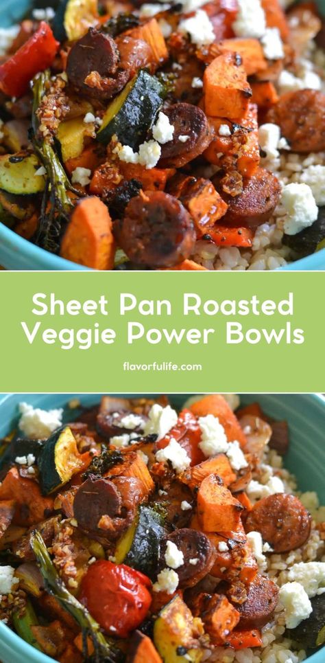 Enjoy sheet pan roasted vegetables and chicken sausage for the best week night dinner. This healthy recipe for a roasted veggie power bowl topped with feta cheese for extra flavor. Fall Vegetable Sheet Pan Recipes, Fall Sheet Pan Veggies, Roasted Vegetables With Feta, Fall Sheet Pan Meals, Vegetable Sheet Pan Recipes, Chicken Sausage Sheet Pan Dinner, Veggie Power Bowls, Sausage And Veggie Sheet Pan, Roasted Vegetables And Chicken