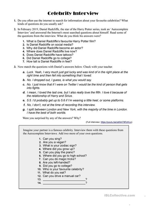 Celebrity Interview - English ESL Worksheets for distance learning and physical classrooms Biography Interview Questions, Celebrity Interview Questions, English Interview Conversation, English Teacher Interview Questions, Tell Me About Yourself Interview Answer For Students, Typical Interview Questions, English For Students, Esl Reading, English Exercises