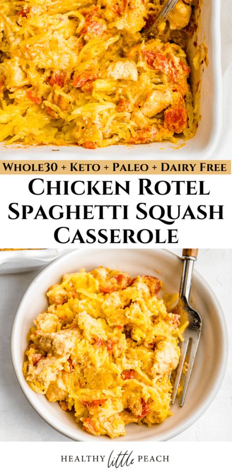 My new Whole30 Rotel Chicken Spaghetti Squash Casserole is filled with dairy free cream cheese, chicken, spaghetti squash, rotel, coconut milk, and nutritional yeast. It is creamy, filling and out of this world delicious. Keto, Paleo and Whole30 compliant. Cheese Chicken Spaghetti, Chicken Spaghetti Squash Casserole, Spaghetti Squash Recipes Chicken, Rotel Chicken, Rotel Chicken Spaghetti, Healthy Squash Recipes, Spaghetti Squash Recipes Healthy, Spaghetti Squash Casserole, Dairy Free Cream Cheese