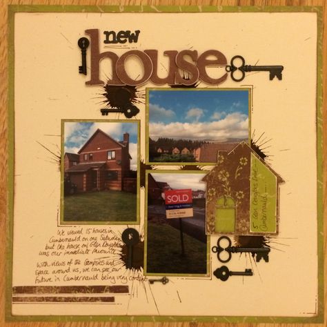 New house - #Scrapbook #Layout #papercraft. Supplies - Cardstock: Bazzill. Paper and chipboard letters: Crate paper. Keys: Jo-anns. Ink: Ranger distress stain. Letter stickers: Prima. New House Scrapbook Layouts, First Home Scrapbook Ideas, House Scrapbook, School Layouts, Scrap Paper Crafts, Beach Scrapbook, Wedding Boards, Scrapping Ideas, Handmade Scrapbook