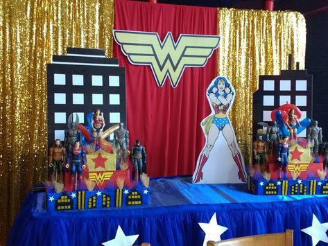 Wonder Woman backdrop! Wonder Woman cake table! Wonder Woman main centerpiece table! Wonder Woman Backdrop, Wonder Woman Party Ideas, Woman Party Ideas, Super Hero Theme Birthday, Wonder Woman Cake, Wonder Woman Birthday Party, Women Party Ideas, Wonder Woman Party, Wonder Woman Birthday