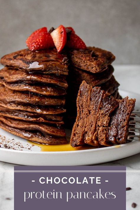 These chocolate protein pancakes are the perfect high-protein breakfast to start your day! Made with Greek yogurt and chocolate protein powder, these pancakes contain 15 grams of protein per serving. High Protein Chocolate Pancakes, Savory Protein Pancakes, Single Serve Protein Pancakes, Recipes With Chocolate Protein Powder, Chocolate Protein Powder Pancakes, Protein Waffles With Protein Powder, Protein Pancakes No Banana, Chocolate Protein Powder Recipes, Whey Protein Pancakes