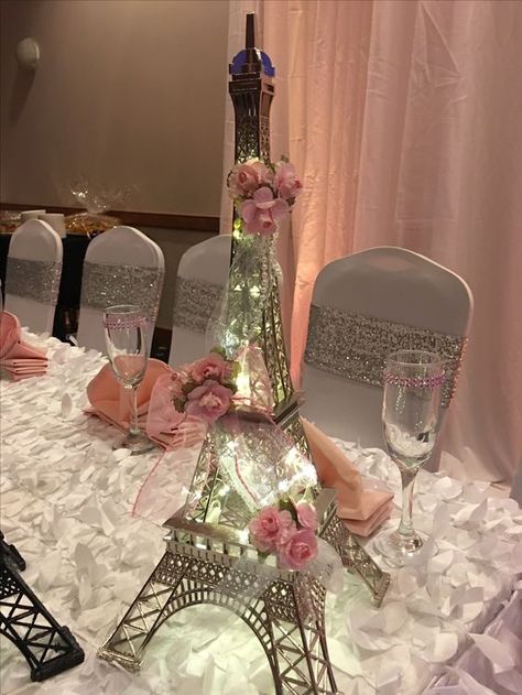 How to make an Eiffel Tower Centerpiece #paris Diy Paris Decor, Paris Theme Quinceanera Decorations, Paris Themed Wedding Ideas, Paris Centerpiece Ideas, Paris Theme Quinceanera, Paris Wedding Theme, Paris Theme Centerpieces, Paris Quinceanera Theme, Paris Themed Wedding