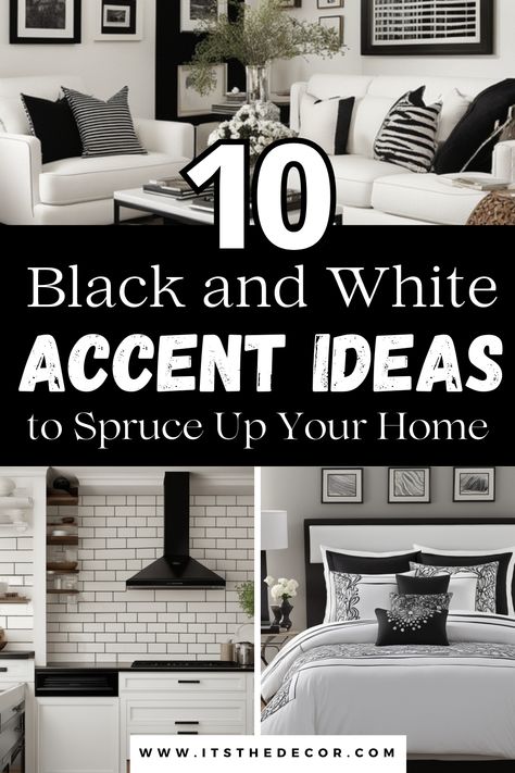 Discover timeless elegance with our curated 10 Black and White Accent Ideas to elevate your home décor. From striking contrasts to subtle touches, these stylish suggestions will add sophistication to any space. #HomeDecor #BlackAndWhite #InteriorDesign #viralhomedecor Accent Colors For Black And White Room, White Living Room With Black Accents, Black Home Accents, Black And White Aesthetic House, Black And White With Pop Of Color Decor, Black And White Apartment Aesthetic, Black White Bedrooms, Bedroom Decor On A Budget, Black And White Home