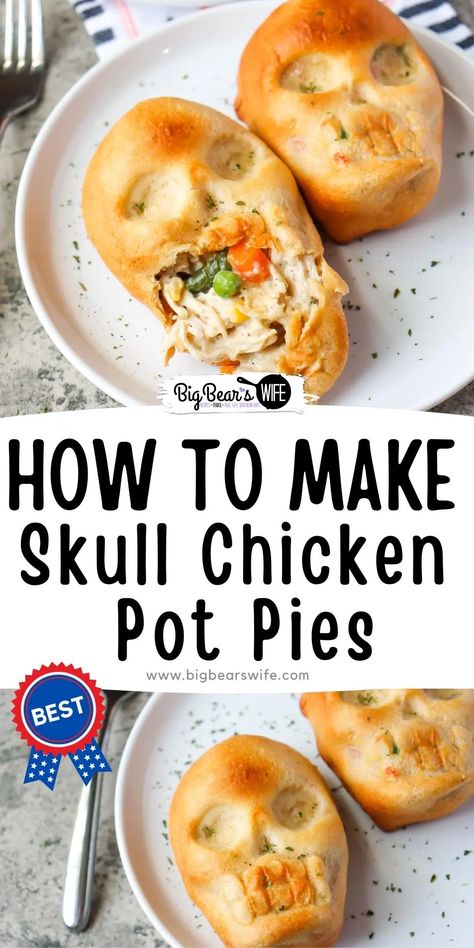 Crescent roll dough filled with an easy chicken pot pie filling, baked in a skull shaped pan makes the perfect dinner for Halloween! Skull Chicken Pot Pies are a perfect spooky addition to the dinner table. via @bigbearswife Skull Chicken Pot Pie, Halloween Chicken Parm Sliders, Skull Bread Recipe, What To Make In Skull Pan, Spooky Chicken Pot Pie, Skull Cast Iron Pan Recipes, Halloween Dishes Food Dinners, Buffalo Chicken Skulls, Skull Pan Ideas