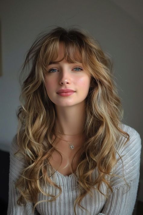 Twisted Elegance: Sophisticated Party Hairstyle Ideas for a Touch of Glamour Shaggy Bangs Wavy Hair, Haircuts For Wavy Curly Hair Long Layered Bangs, Bangs With Long Wavy Hair, Wavy Hair Side Bangs, V Shaped Layered Hair, Vintage Long Hair, Long Hair And Bangs, Zicxa Photos, Wavy Blonde Hair