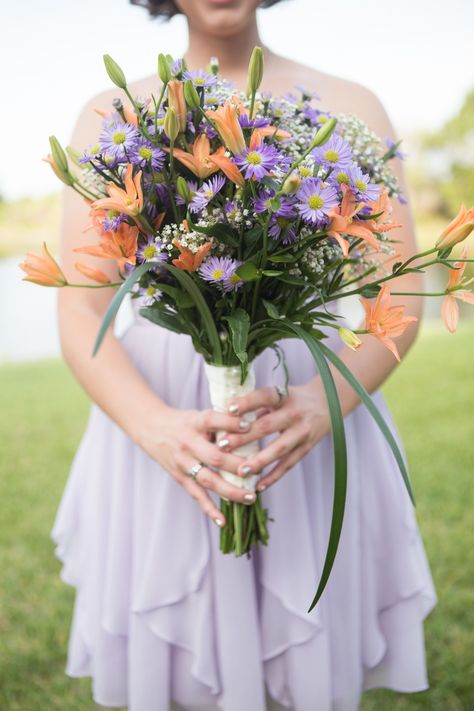 Purple Orange Green Bouquet, Aster Wedding Bouquet, Aster Flower Bouquet, Aster Bouquet, Lavender And Orange Wedding, Tiger Lily Bouquet, Lavender Bridal Bouquet, Wildflower Wedding Theme, Orange Bouquets