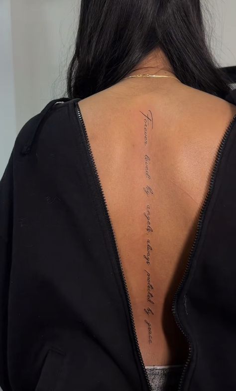 Unique Men’s Sleeve Tattoo, Arabic Tattoo On Spine, Writing Spine Tattoos For Women, Phrase Spine Tattoo, Dainty Inspirational Tattoos, Spine Name Tattoo, Back Tattoo Ideas Female Meaningful, Women’s Spine Tatoo, Simple Fine Line Spine Tattoo