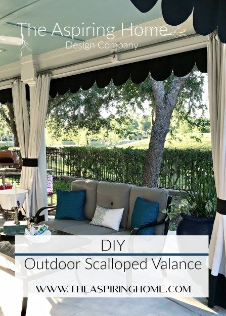 Add a little whimsy with this easy project. A DIY outdoor scalloped valance will only take a weekend and will give your outdoor space a little extra “oomph”!     We are on the cusp of pool weather, long weekends of grilling, and family time. When I redesigned our outdoor living space, I wanted it ... Read More about  DIY Outdoor Scalloped Valance The post DIY Outdoor Scalloped Valance appeared first on The Aspiring Home.  Related posts: Make this DIY Outdoor Curtain Rod  6 Porch Valance, Outdoor Curtain Rods, Scalloped Valance, Diy Porch, Small Porches, Tudor House, Valance Window Treatments, House With Porch, Outdoor Curtains