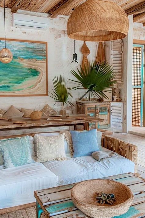 Rustic Beach Home Decor, Artsy Beach House, Mexico Beach House Decor, Beachy Decorating Ideas Coastal Style, Boho Beach Apartment, Costa Rica Decor, Carribean Decor, Beach Apartment Decor Coastal Style, Coastal Midcentury Modern