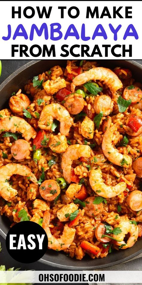 Text reads How to make jambalaya from Scratch Easy Jambalaya Recipe, How To Make Jambalaya, Easy Jambalaya, Homemade Jambalaya, Jambalaya Recipe Easy, Homemade Breakfast Recipes, Recipe For Dinner, Homemade Dinner Recipes, Homemade Lunch