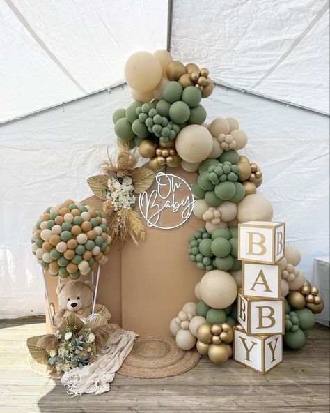 Baby Shower Theme Ideas Neutral, Gender Reveal Ideas Green, Brown And Green Baby Shower Ideas, Baby Shower Green Theme, Earth Tone Gender Reveal, Gender Reveal Sage Green, Baby Showroom Ideas, Beige Gender Reveal Party, Tan Gender Reveal Decor