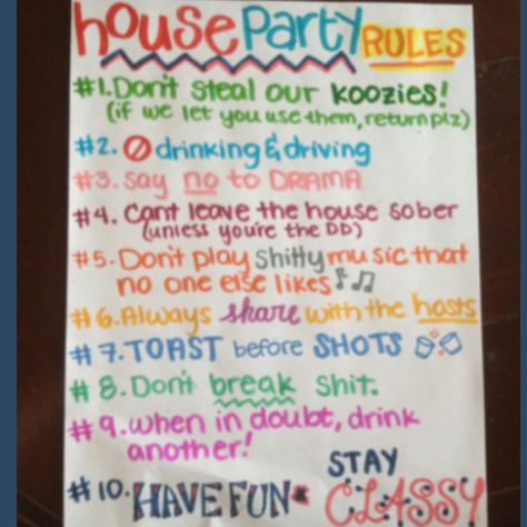 Party Rules. House Party Rules, Party Rules, Adult Halloween Party, Halloween Party Games, House Rules, Halloween Games, Drinking Games, Adult Games, Girls Party