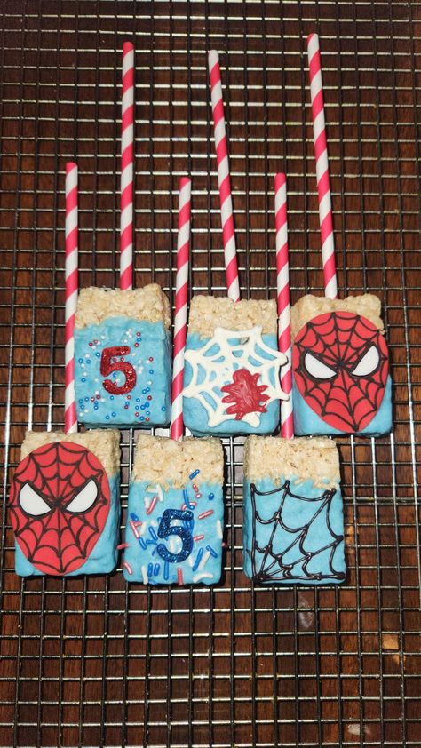 Spidey And His Amazing Friends Rice Krispies, Spiderman Rice Krispie Treats, Spider Man Rice Crispy Treats, Spider Man Party Treats, Spider Man Rice Krispies, Spiderman Rice Crispy Treats, Spidey Snacks, Spiderman Birthday Treats, Spiderman Treats Ideas