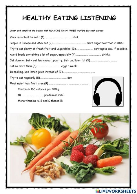 Activities For Listening Skills, Fill In The Blanks Worksheets For Adults, Healthy Eating Worksheet, Listening Skills Worksheets, Listening Worksheet, English Pictures, Mental Age, Conversation English, Health Worksheets