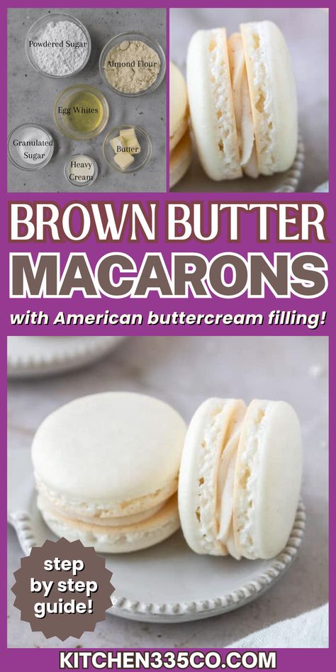 2 white macarons with cream filling sitting on a small plate Best Macarons, Make Brown, American Buttercream, Macaron Filling, French Macaron, Buttercream Filling, Macaroon Recipes, Baking Tutorial, How To Make Brown