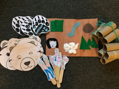 We’re Going on a Bear Hunt dramatic play props: Bear masks (6x) Map Character puppets (2x of each. 8 total) Bear tracks Binoculars (4x) Bear Hunt Dramatic Play, We’re Going On A Bear Hunt Eyfs, We’re Going On A Bear Hunt Activities, Bear Storytime, Bear Hunt Song, Bear Masks, The Very Cranky Bear, Disney Camp, Reading Shelf