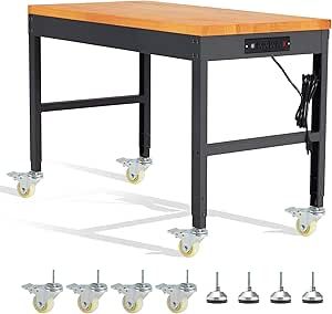 HABUTWAY Height Adjustable Workbench with Wheels 48" x 24" 2000 Lbs Capacity Wood Work Station Heavy-Duty Rolling Work Benches for Garage Party Shop Office (48 INCH Black Frame) Adjustable Height Workbench, Rolling Workbench, Heavy Duty Work Bench, Garage Party, Work Benches, Garage Office, Wood Burning Kits, Garage Work Bench, Woodworking Table