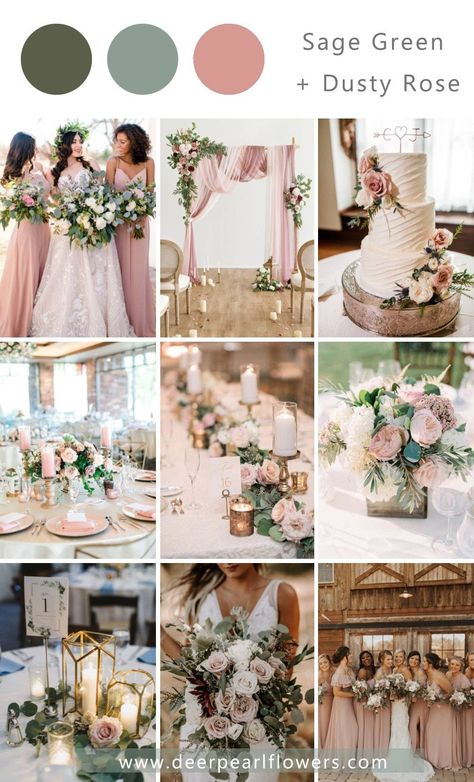 Sage Green Wedding Ideas, Dusty Rose Wedding Theme, Sage Green Wedding Theme, Dusty Rose Wedding Colors, Green Wedding Ideas, Rose Wedding Theme, Wedding Theme Color Schemes, Wedding Color Schemes Spring, Spring Wedding Color Palette