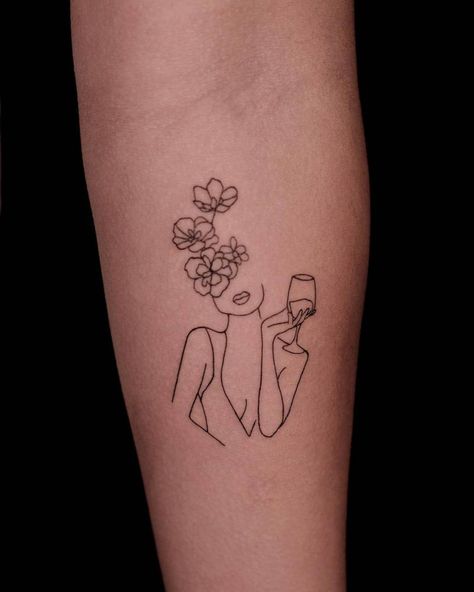 Book Tattoo Ideas Fine Line, Line Women Tattoo, Woman Flower Head Tattoo, Single Line Woman Tattoo, Fine Line Feminine Tattoo, Feminine Fine Line Tattoo, Wine Glass Tattoos, Flower Head Tattoo, Fine Line Tattoos For Women