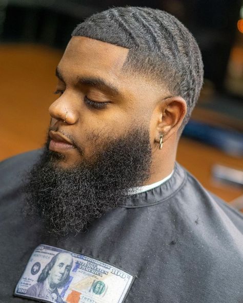 Waves With Beard, Blackman Hairstyle, 360 Waves Hair, Temp Fade Haircut, Fade Haircut Designs, Waves Hairstyle Men, Black Men Beard Styles, Taper Fade Curly Hair, Men Beards