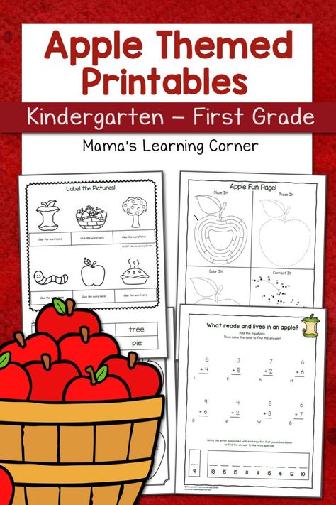 Apple Worksheets for Kindergarten-First Grade - Mamas Learning Corner Apple Math Worksheets, Apple Unit Study, Apple Lessons, Apple Math, Subtraction Kindergarten, Addition Kindergarten, Apple Unit, Kindergarten Worksheets Free Printables, First Grade Worksheets