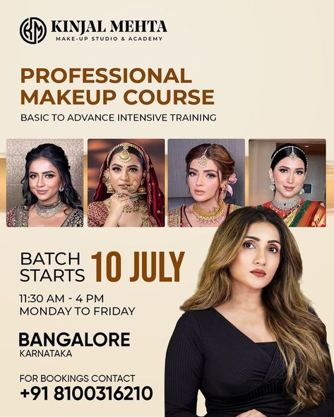 Professional Makeup Course || Batch Starts 📅 𝟭𝟬 𝗝𝘂𝗹𝘆 Dive into the world of beauty & finesse with '𝙆𝙞𝙣𝙟𝙖𝙡 𝙈𝙚𝙝𝙩𝙖', an acclaimed makeup artist known for her unparalleled expertise & unique makeup techniques. We are excited to announce her upcoming professional makeup course starting on the 10th of July. This is a rare opportunity for aspiring makeup artists to learn directly from her in an intimate setting, with a class size limited to only six students 👍 Makeup Artist Quotes Professional, Makeup Artist Quotes, Beauty Salon Price List, Makeup Poster, Salon Price List, Beauty Courses, Makeup Course, Makeup Class, Unique Makeup