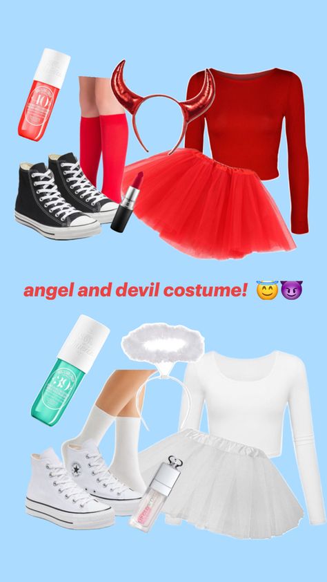 a fancy red and dainty white devil and angel costume and everything you would need! ❤️🤍 Bestie Costume Ideas, Halloween Bff, Cute Easy Halloween Costumes, Fun Halloween Outfits, Angel And Devil Costume, Angel Costumes, Halloween Disco, Angel Y Diablo, Friend Halloween Costumes