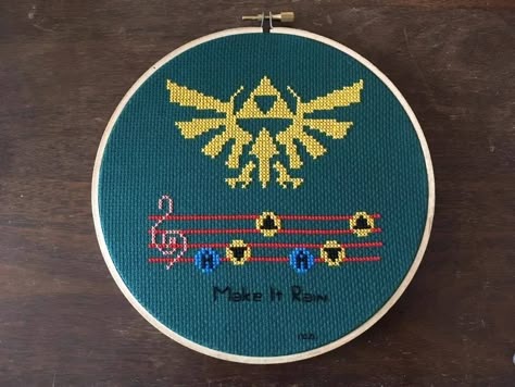 Legend of Zelda - Make it Rain Comission Nerdy Cross Stitch Patterns Free, Legend Of Zelda Pixel Art, Legend Of Zelda Cross Stitch, Zelda Embroidery, Zelda Cross Stitch, Geeky Cross Stitch Patterns, Geeky Cross Stitch, Geek Cross Stitch, Geek Crafts