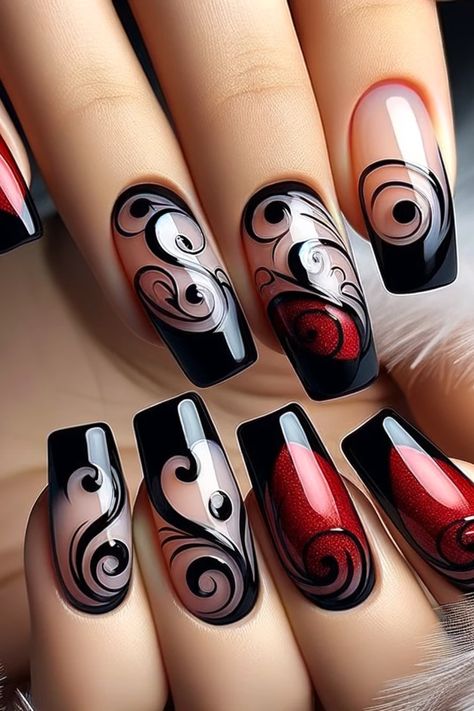 39 Stunning Black French Tip Nails You Have To Try Art Deco Nails, French Tip Nail Designs, Fancy Nails Designs, Pretty Nail Art Designs, Red Nail, Pretty Nail Art, Nailed It, Nail Designs Spring, Fancy Nails