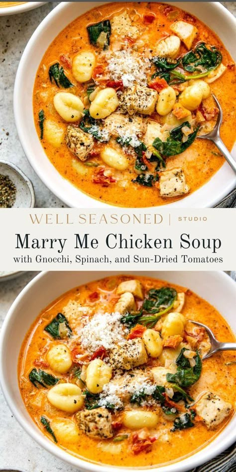 Rich, Creamy Marry Me Chicken Soup - Well Seasoned Studio Fall Soup Recipes Gnocchi, Savory Fall Dinners, Fall Soups Gnocchi, Fall Soups Dutch Oven, Fall Baked Dinner Recipes, Healthy Meals Soup, Cozy Home Cooked Meals, Yummy Crockpot Soups, Healthy Fall Crockpot Soups